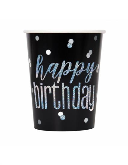 BIRTHDAY BLACK GLITZ 9OZ PAPER CUPS, 8CT PZ.  MC. 72