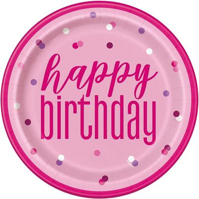 EU GLITZ PINK & SILVER HAPPY BIRTHDAY 9 PLATES 8CT PZ12 MC72